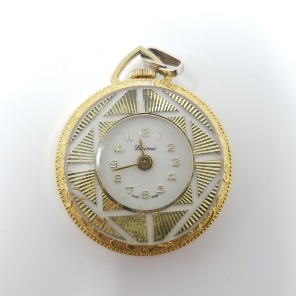 Vintage Lucern Swiss Made Gold Tone and White Enamel Pocket Watch, Estate